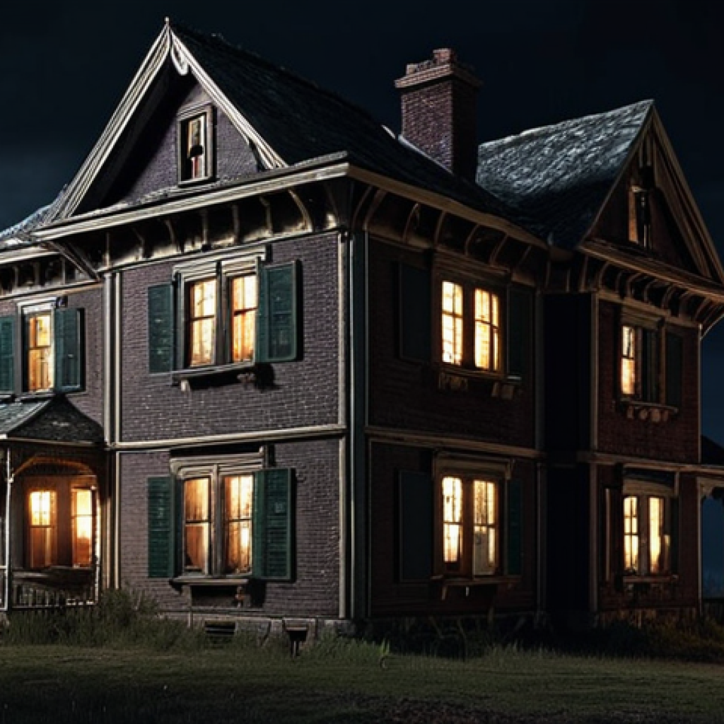 **Image of an old, slightly spooky-looking house at night. Soft light glows from a few windows. Emphasize a sense of mystery and untold stories.**