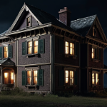 **Image of an old, slightly spooky-looking house at night. Soft light glows from a few windows. Emphasize a sense of mystery and untold stories.**