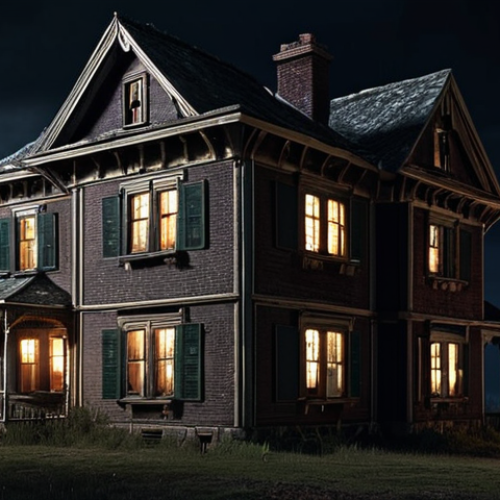 **Image of an old, slightly spooky-looking house at night. Soft light glows from a few windows. Emphasize a sense of mystery and untold stories.**